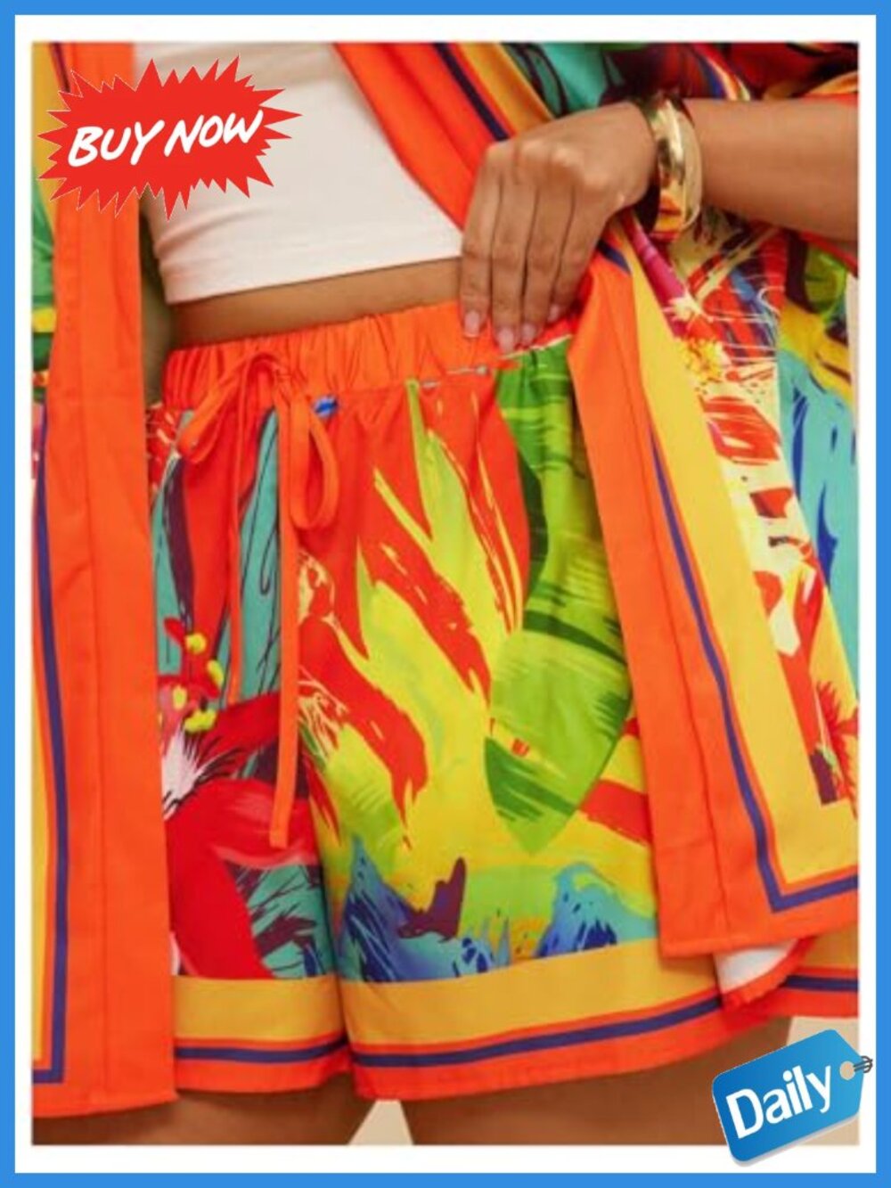 Plus Size 2 Piece Short Set Open Front Top Baggy Shorts Tropical Boho - Picture 3 of 4